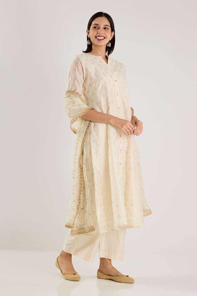 Embroidered-Calf-Length-Chanderi-Woven-Women-s-Kurta-Set