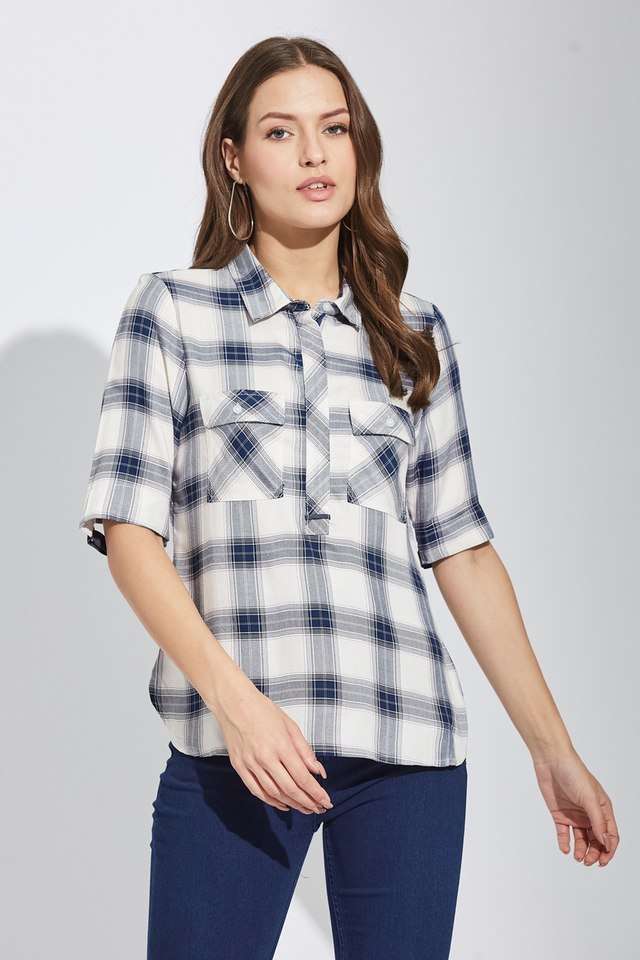 Checks-Viscose-Collared-Women-s-Top