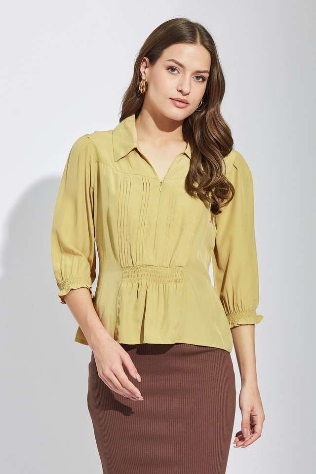 Solid-Polyester-Collared-Women-s-Top