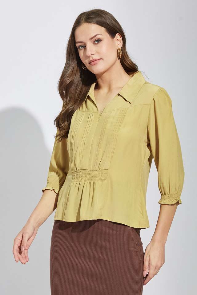 Solid-Polyester-Collared-Women-s-Top