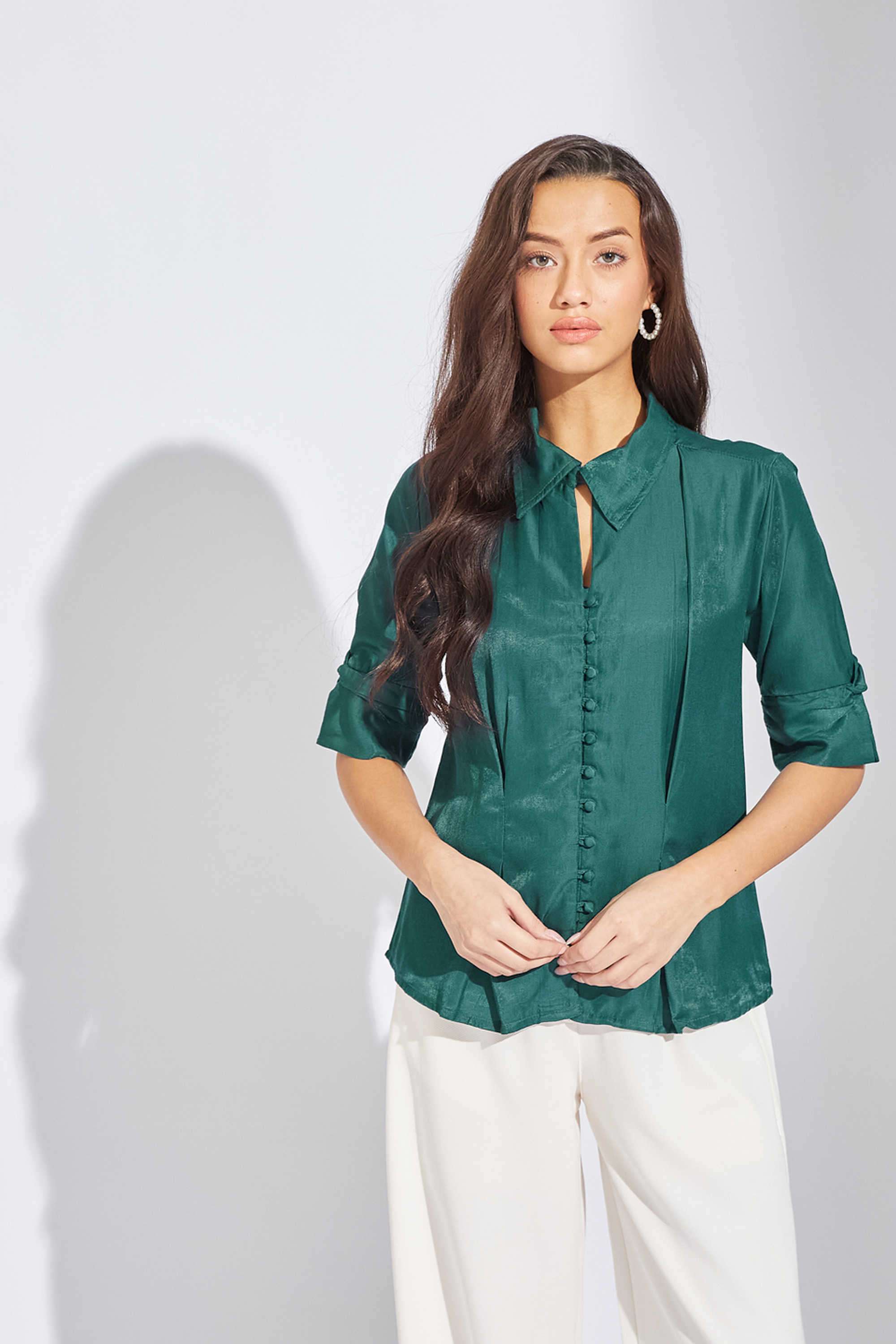 Solid-Round-Neck-Blended-Fabric-Women-s-Casual-Wear-Shirt