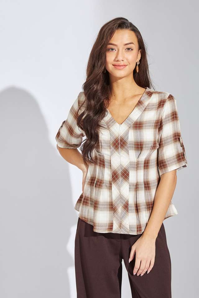 Checks-Viscose-V-Neck-Women-s-Top