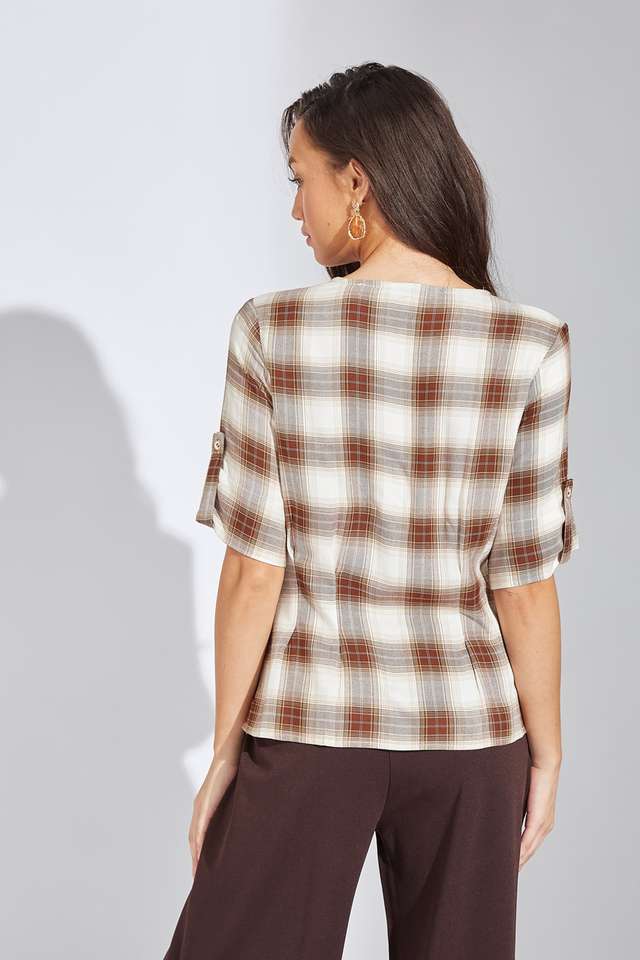 Checks-Viscose-V-Neck-Women-s-Top