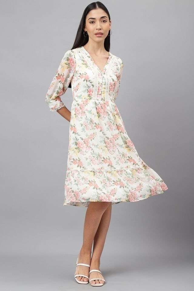 Printed-Collared-Polyester-Women-s-Knee-Length-Dress
