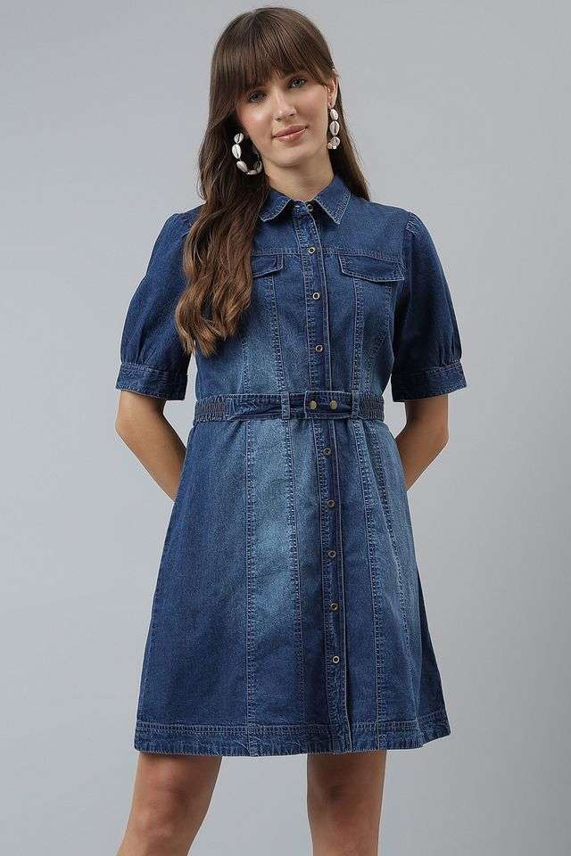Printed-Collared-Cotton-Women-s-Knee-Length-Dress