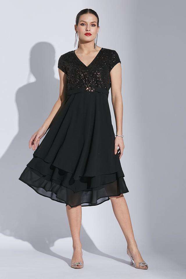 black dress with polka dot sleeves Coraline Black polka-dot ruffled midi dress, L / Black