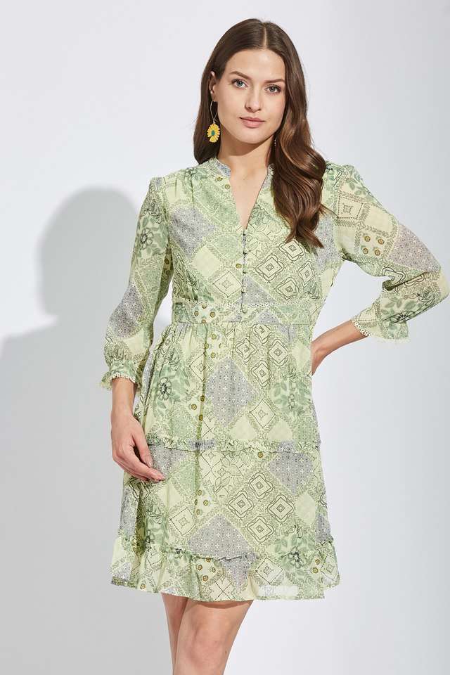 Printed-Collared-Polyester-Women-s-Above-Knee-Dress