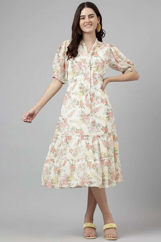 Printed-Tie-Up-Neck-Polyester-Women-s-Calf-Length-Dress