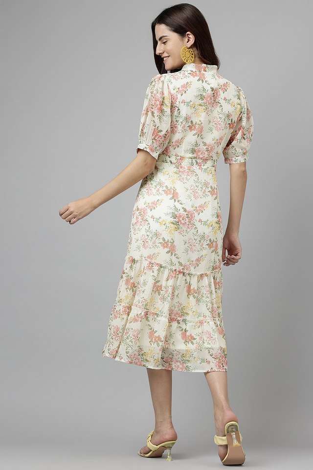 Printed-Tie-Up-Neck-Polyester-Women-s-Calf-Length-Dress