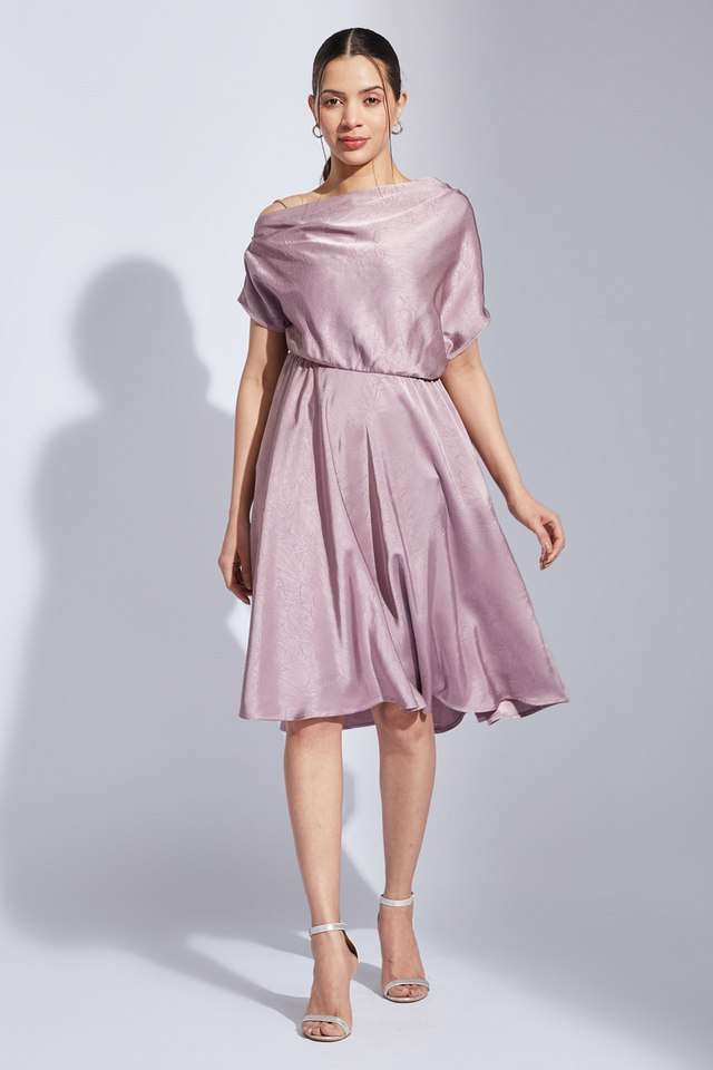 Solid-Polyester-Boat-Neck-Women-s-Knee-Length-Dress