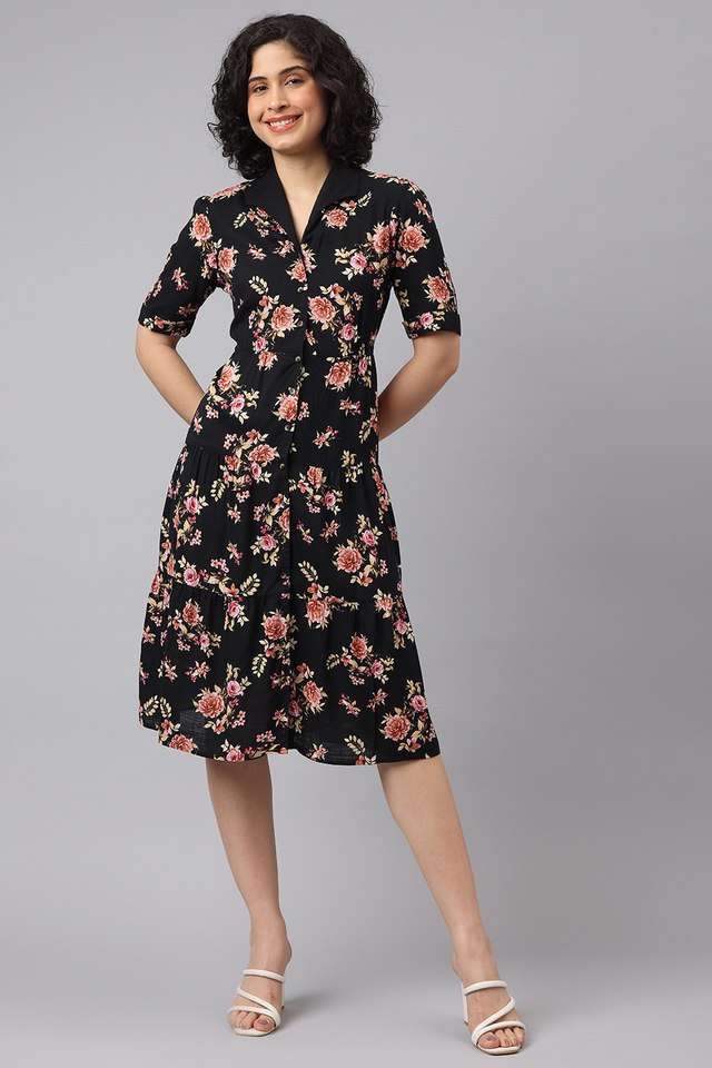 Printed-V-Neck-Viscose-Women-s-Knee-Length-Dress