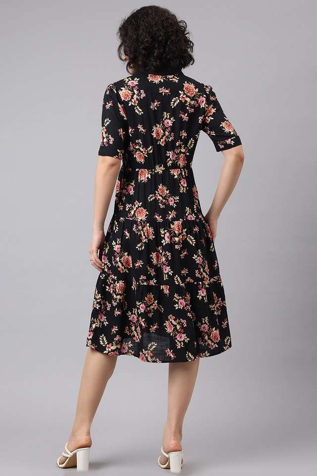 Printed-V-Neck-Viscose-Women-s-Knee-Length-Dress