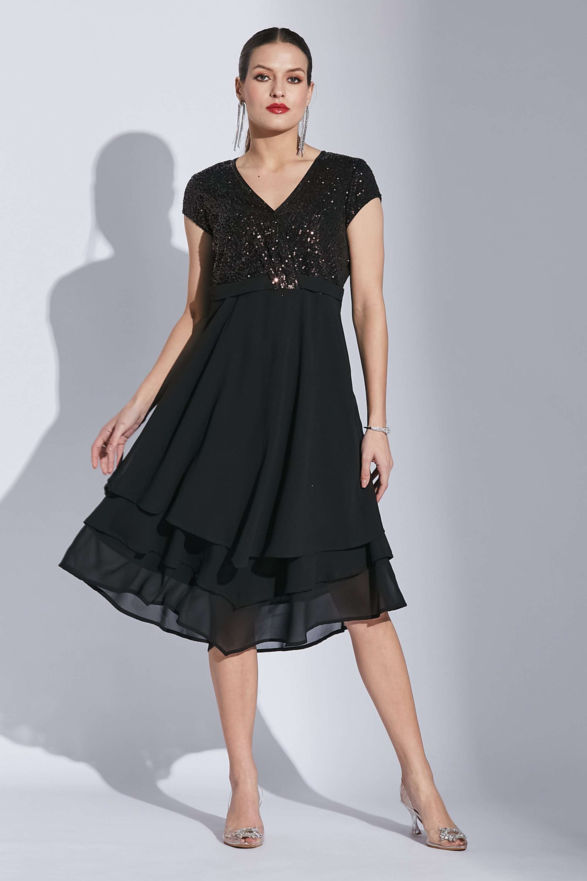 Solid-V-Neck-Polyester-Women-Dress