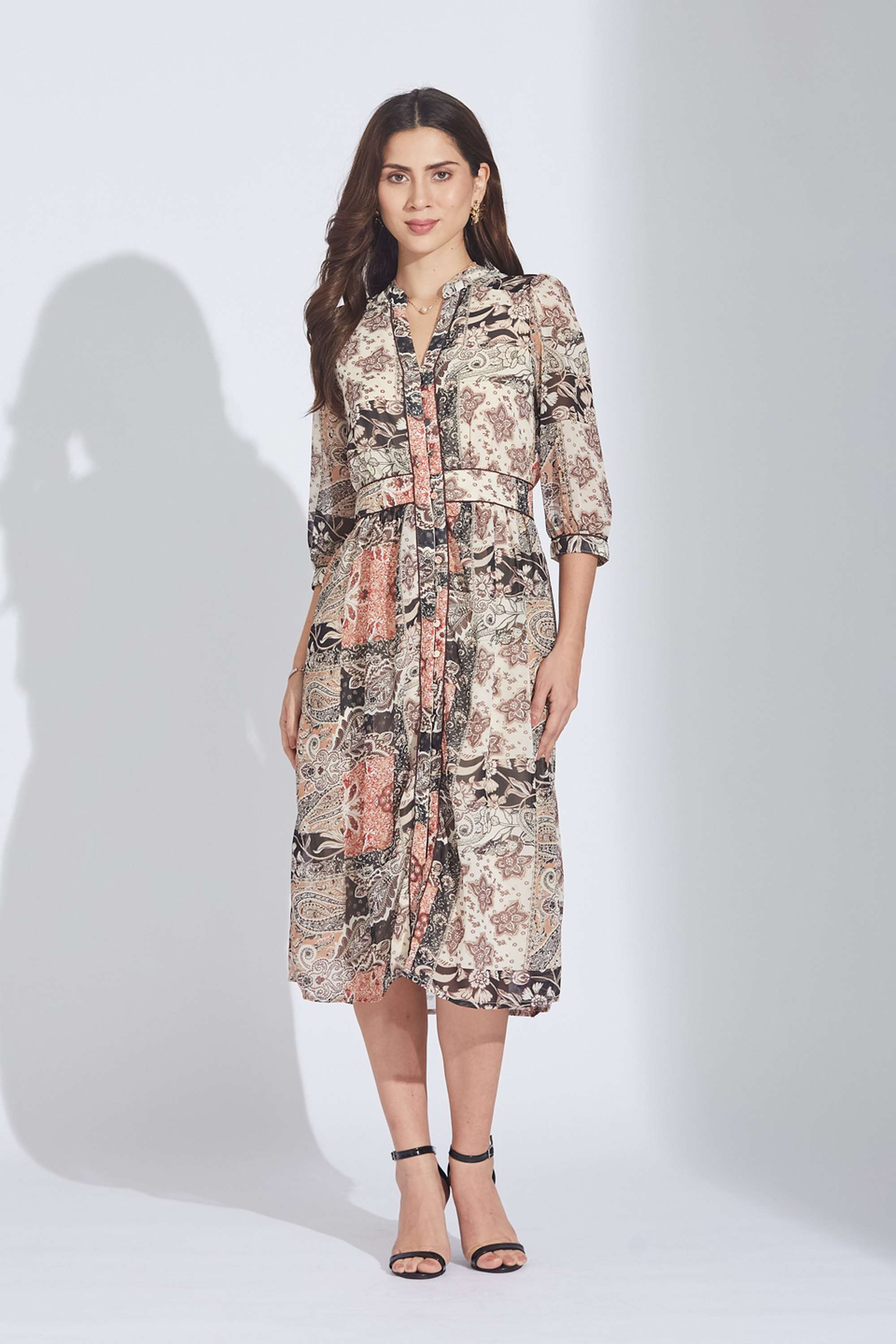 Printed-Collared-Polyester-Women-Dress