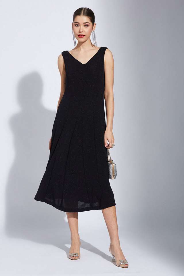 Solid-Nylon-V-Neck-Women-s-Midi-Dress