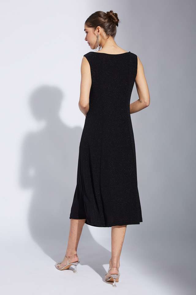 Solid-Nylon-V-Neck-Women-s-Midi-Dress