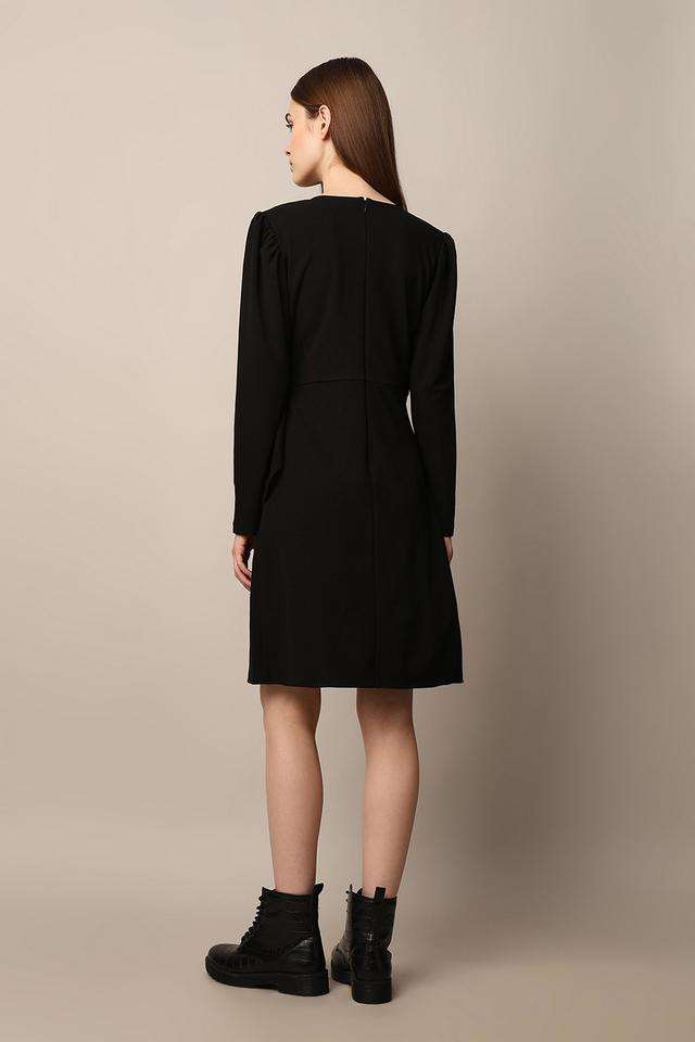 Solid-V-Neck-Polyester-Women-s-Above-Knee-Dress