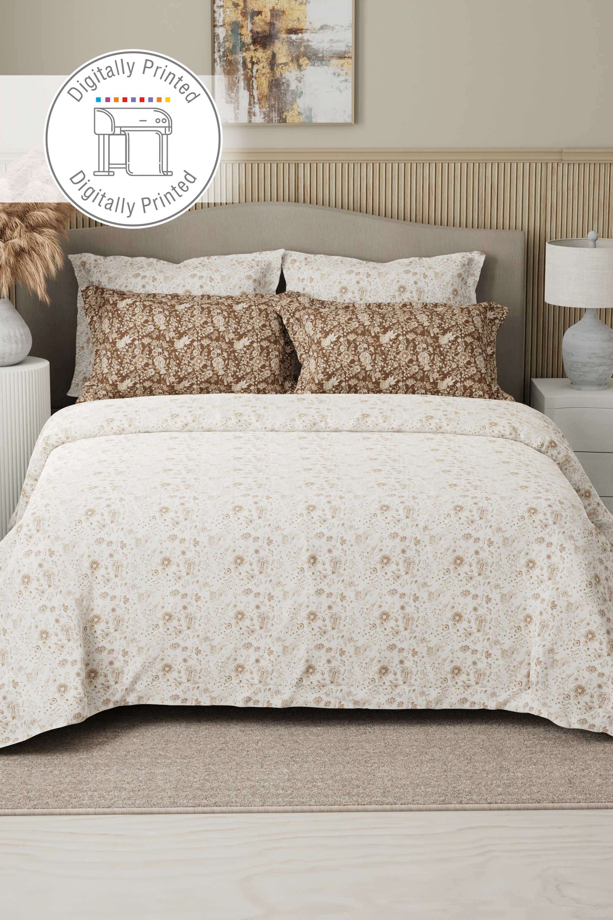 Royal-Essence-100--Cotton-400-TC-White-&-Brown-Digital-Floral-Print-King-Bedsheet-with-4-Pillow-Covers