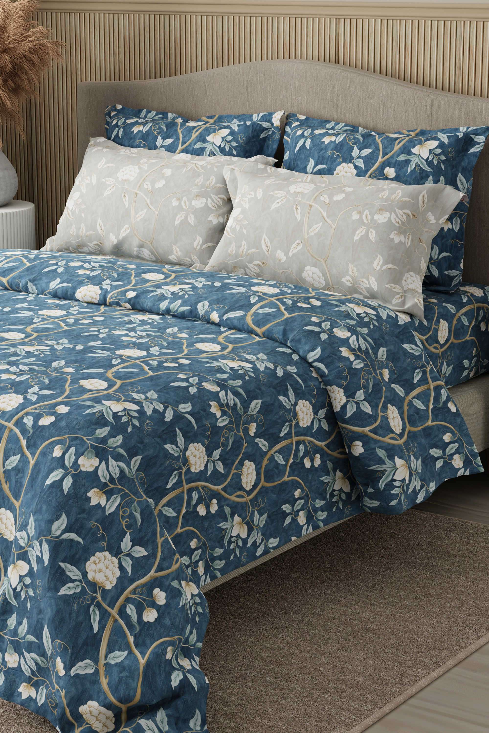Royal-Essence-100--Cotton-400-TC-Blue-&-Grey-Digital-Floral-Print-King-Bedsheet-with-4-Pillow-Covers