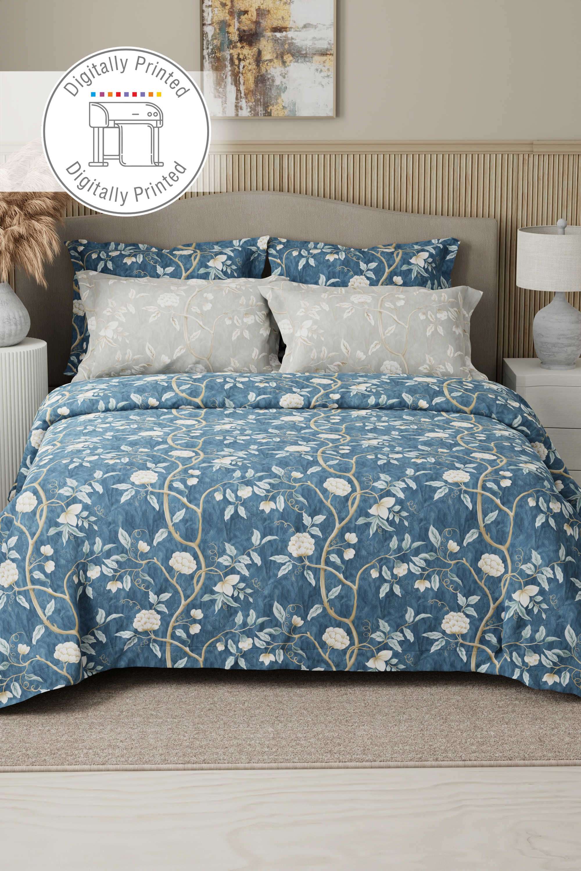 Royal-Essence-100--Cotton-400-TC-Blue-&-Grey-Digital-Floral-Print-King-Bedsheet-with-4-Pillow-Covers