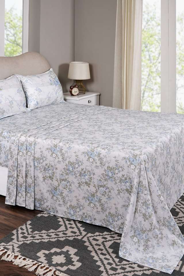 Flowerland-Blue-Single-Bed-Sheet-with-Pillow-Case