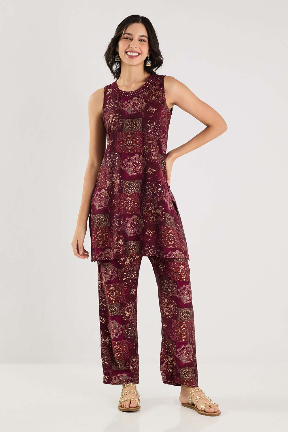 Embroidered-Full-Length-Blended-Fabric-Woven-Women-s-Co-Ord-Set