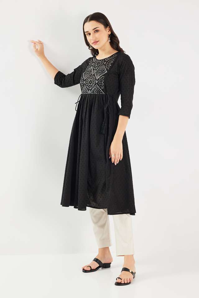Solid-Cotton-Blend-Flared-Fit-Women-s-Kurta