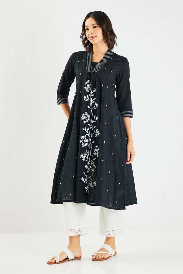 Solid-Cotton-Blend-Flared-Fit-Women-s-Kurta