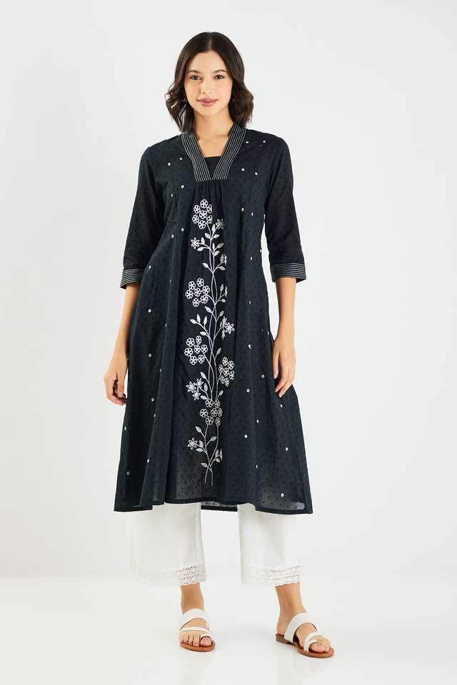 Solid-Cotton-Blend-Flared-Fit-Women-s-Kurta