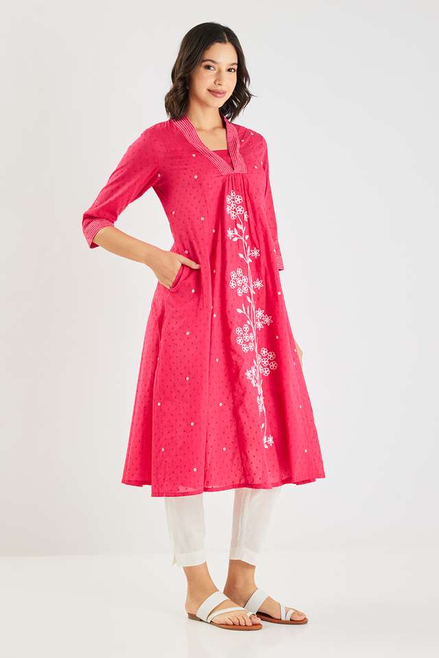 Solid-Cotton-Blend-Flared-Fit-Women-s-Kurta