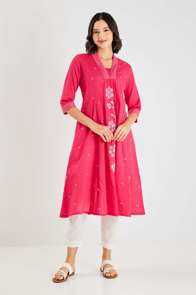 Solid-Cotton-Blend-Flared-Fit-Women-s-Kurta