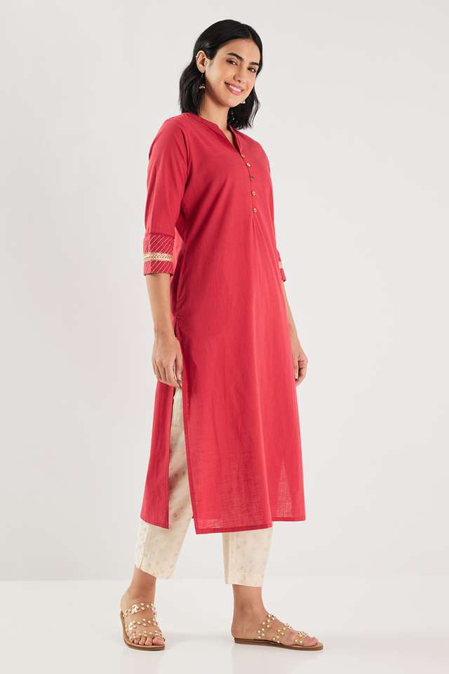 Solid-Cotton-Blend-Collared-Women-Casual-Wear-Kurta