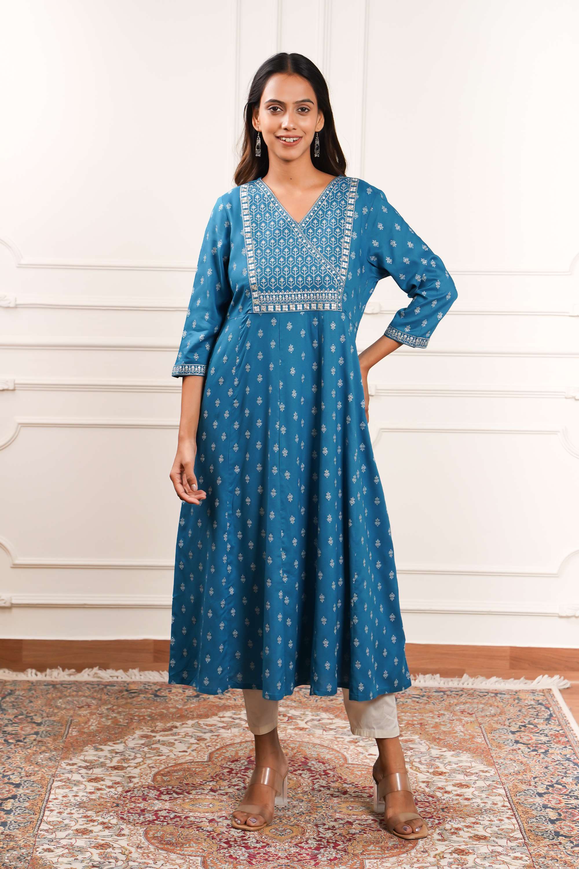 Embroidered-Rayon-Y-Neck-Women-Casual-Wear-Kurta