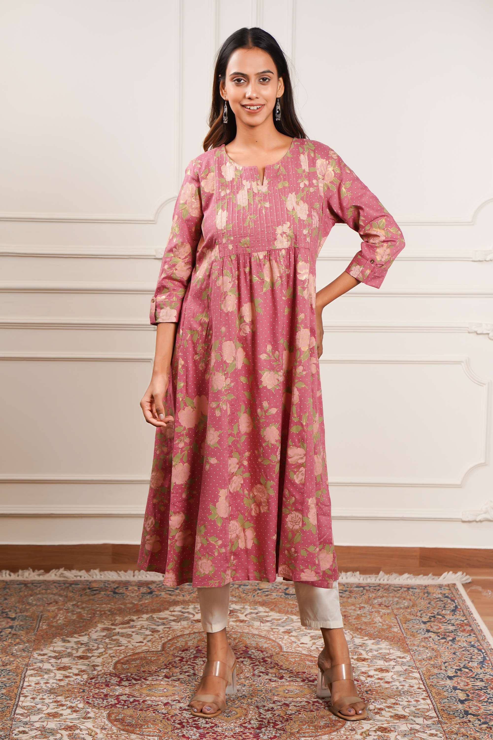 Floral-Blended-Fabric-Y-Neck-Women-Casual-Wear-Kurta