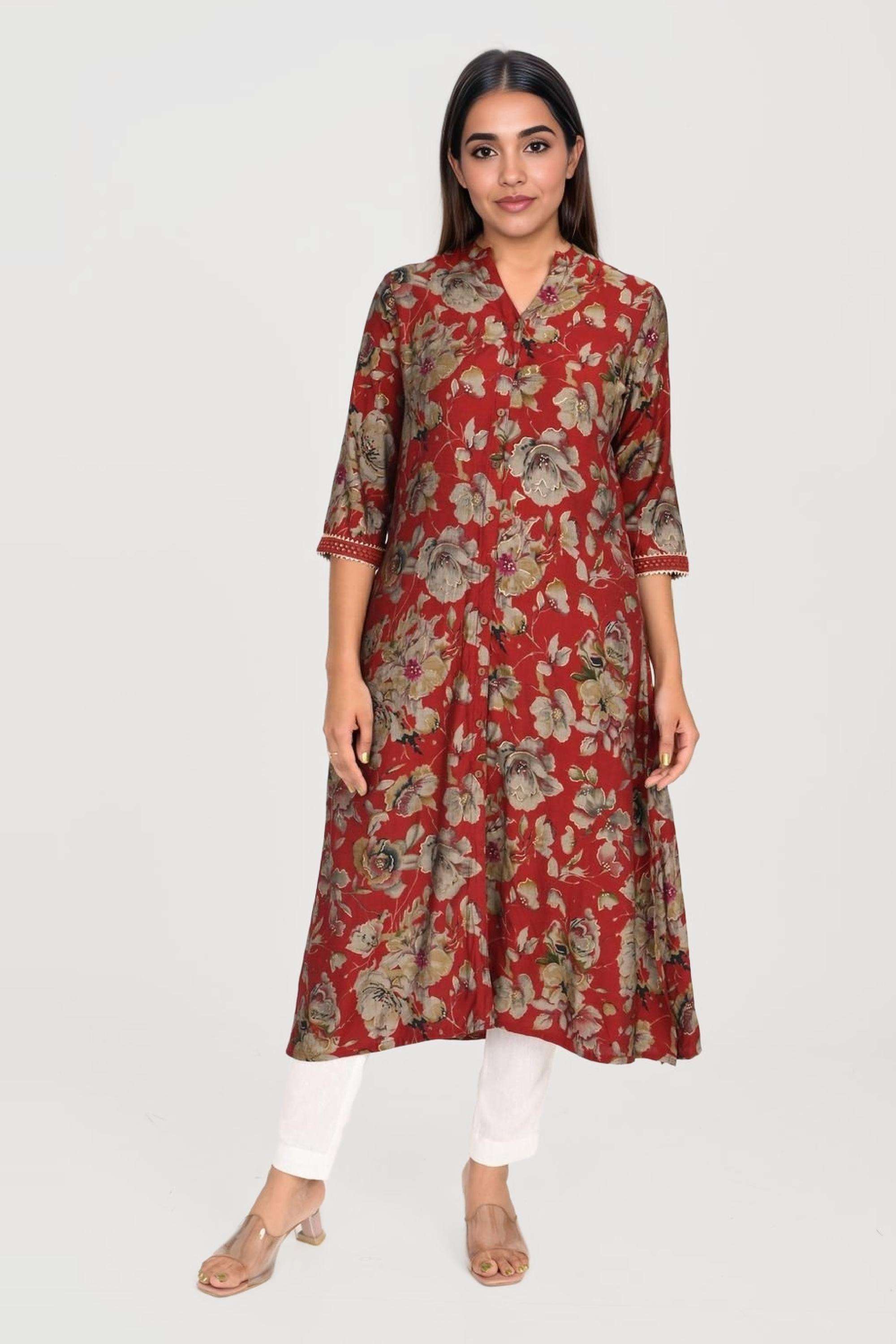 Printed-Blended-Fabric-Collared-Women-s-Kurta