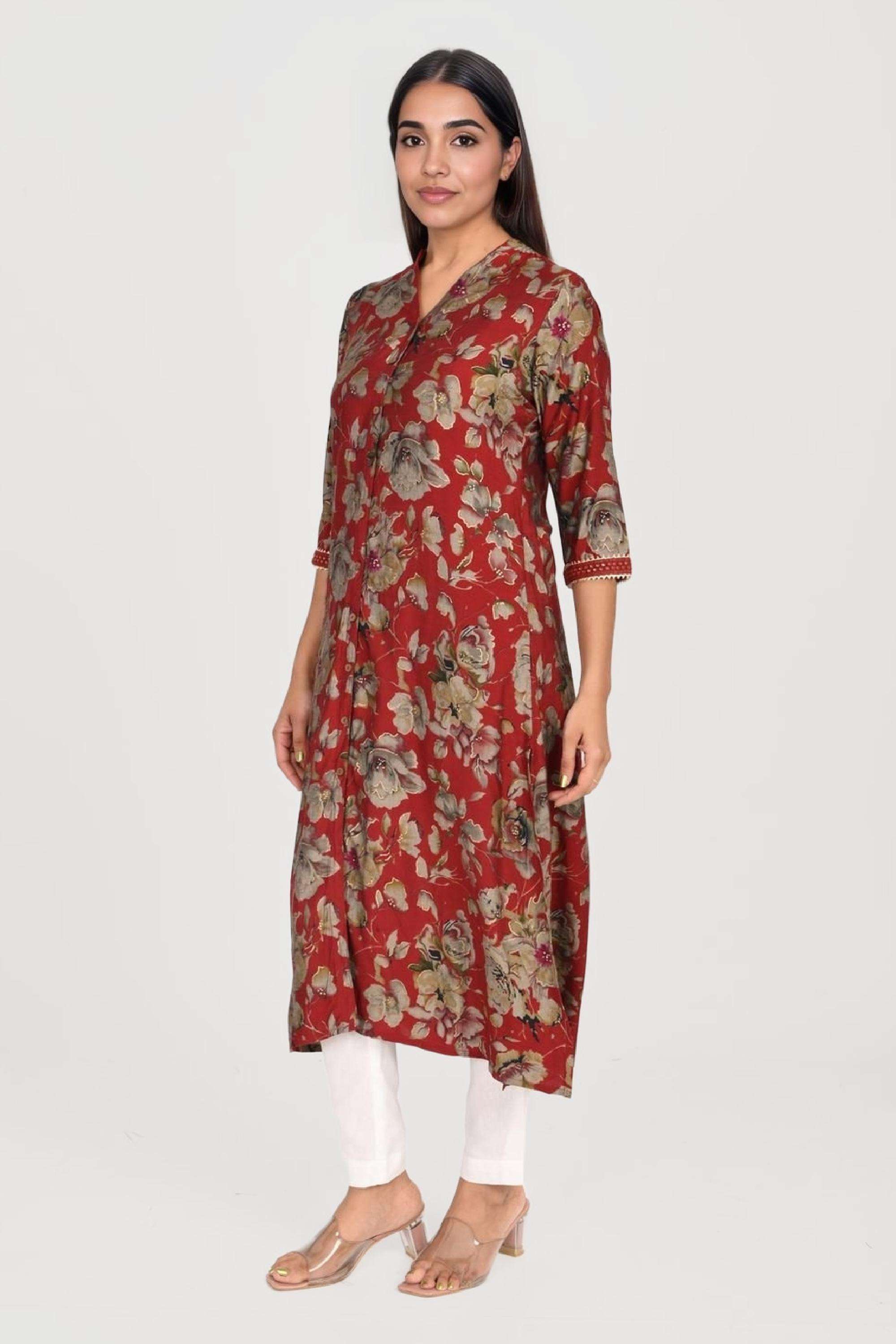 Printed-Blended-Fabric-Collared-Women-s-Kurta