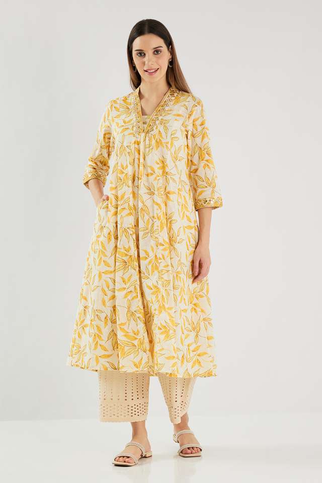 Solid-Cotton-Blend-Flared-Fit-Women-s-Kurta