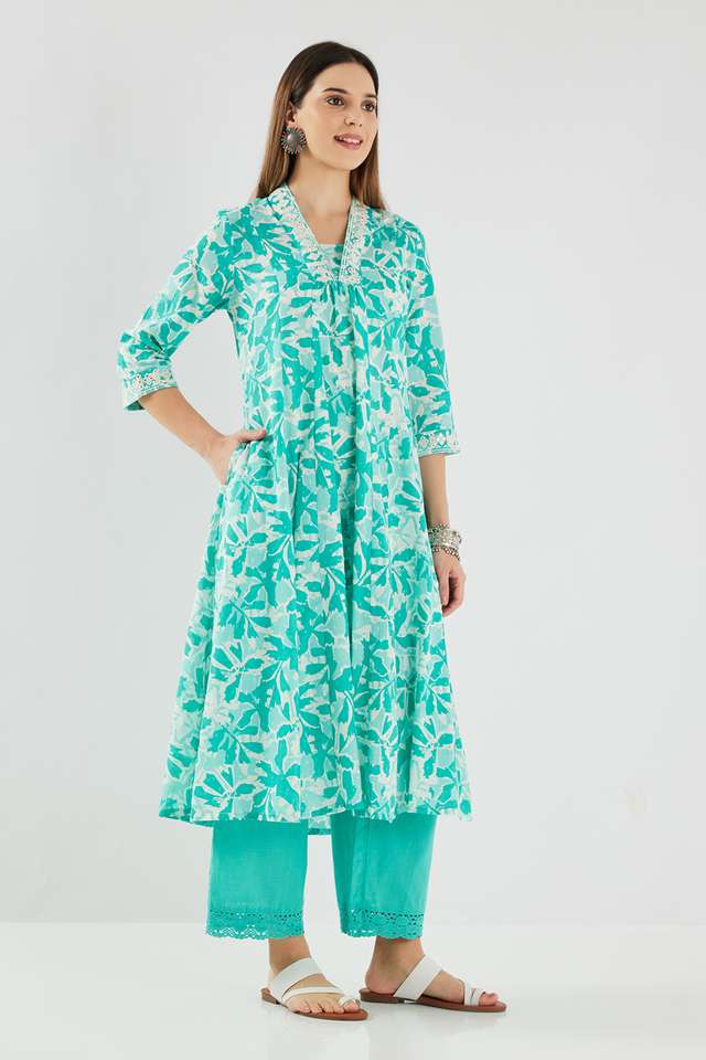 Solid-Cotton-Blend-Flared-Fit-Women-s-Kurta