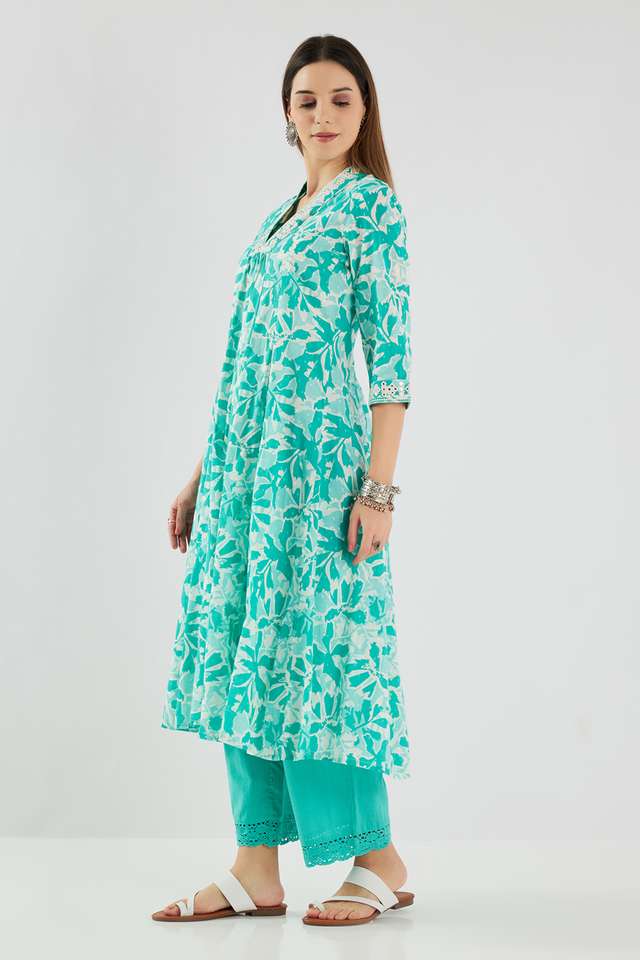 Solid-Cotton-Blend-Flared-Fit-Women-s-Kurta