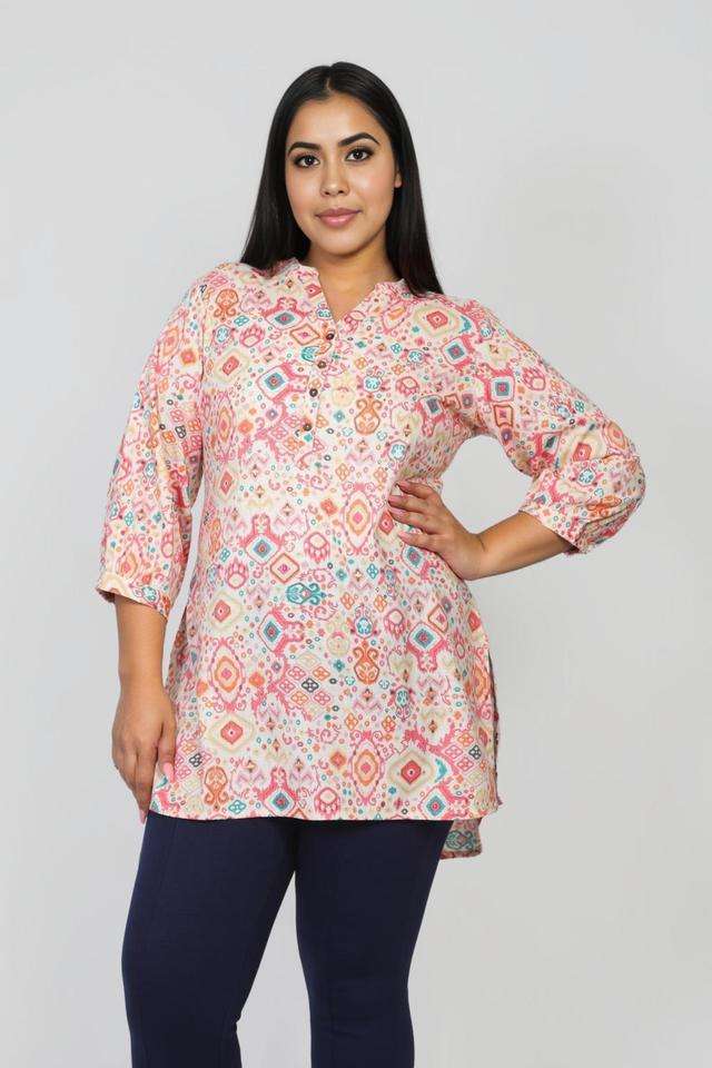 Printed-Blended-Fabric-V-Neck-Women-s-Tunic