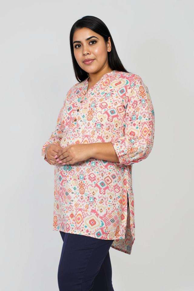 Printed-Blended-Fabric-V-Neck-Women-s-Tunic
