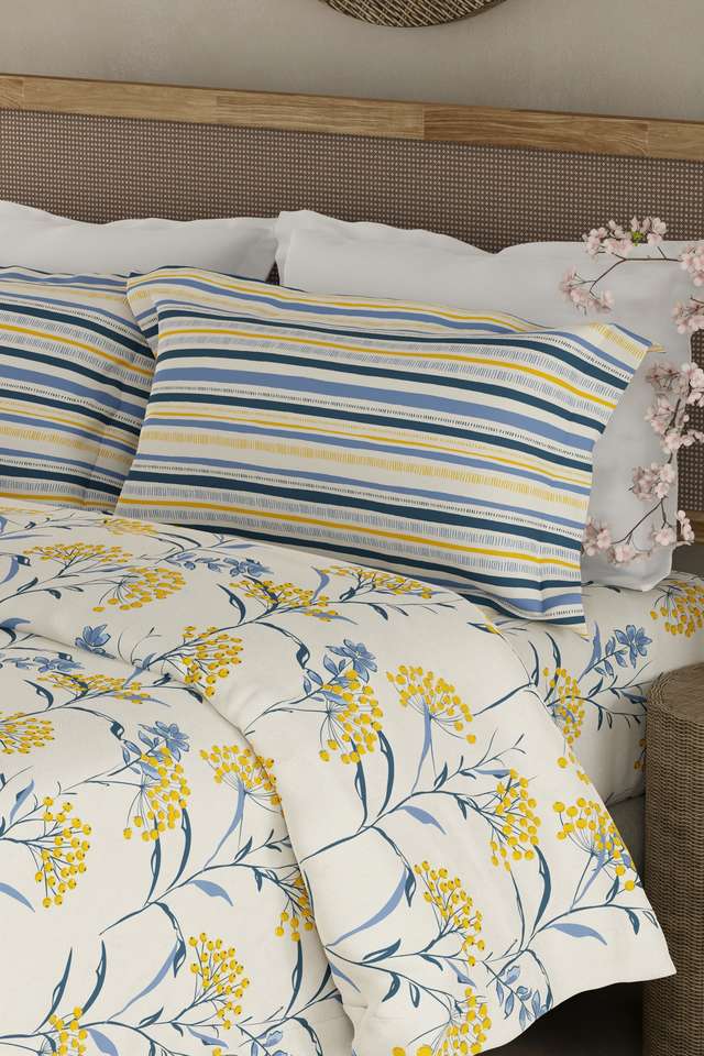 Valatia-100--Cotton-200-TC-Double-Bedsheet-with-2-Pillow-Covers---Yellow-&-Blue-Floral