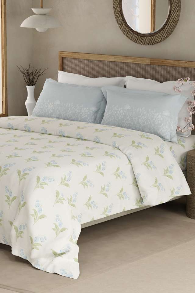 Valatia-100--Cotton-200-TC-Double-Bedsheet-with-2-Pillow-Covers---Green-&-Blue-Floral
