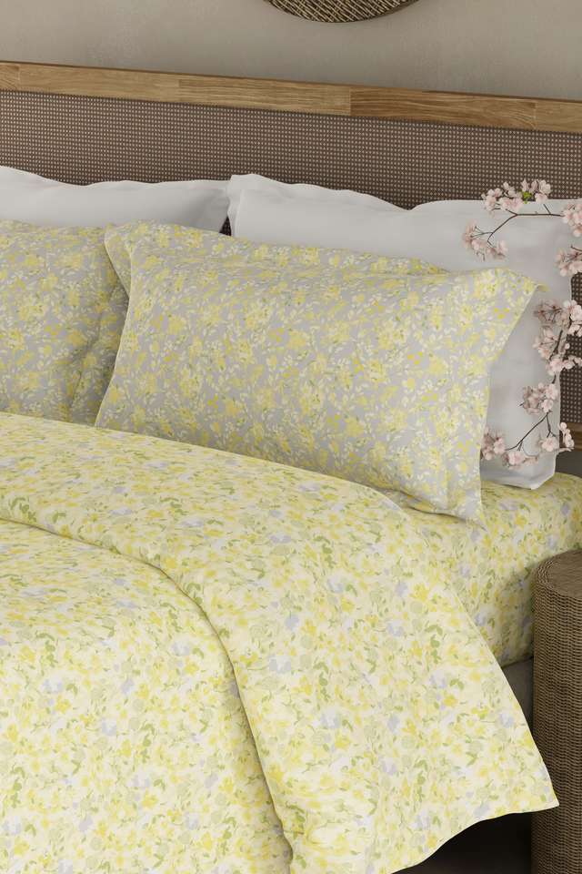 Valatia-100--Cotton-200-TC-Double-Bedsheet-with-2-Pillow-Covers---Yellow-Floral