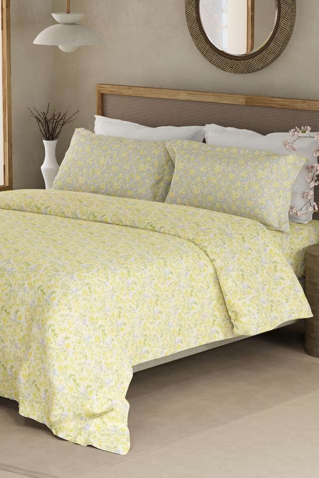 Valatia-100--Cotton-200-TC-Double-Bedsheet-with-2-Pillow-Covers---Yellow-Floral
