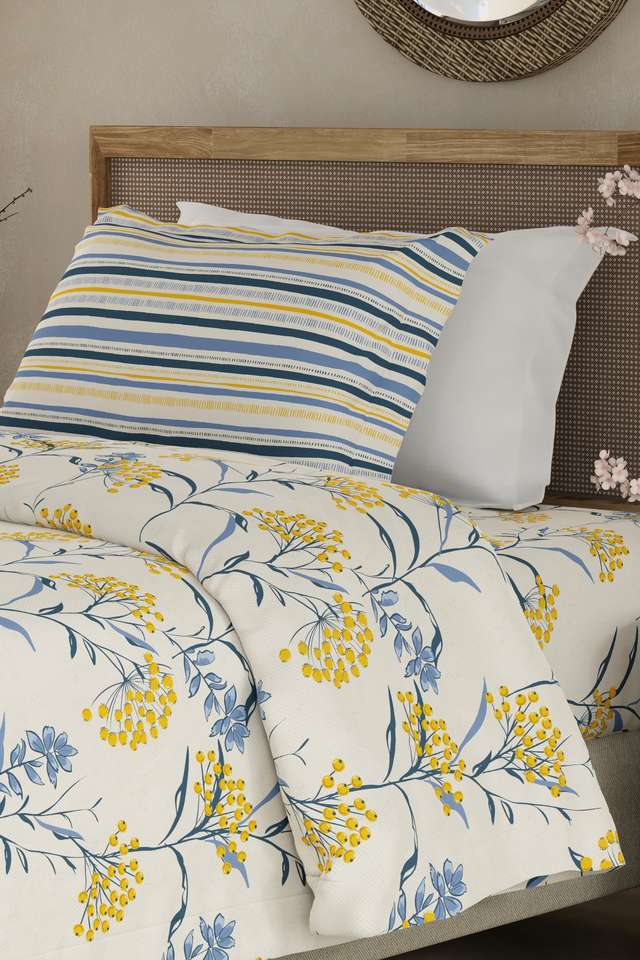 Valatia-100--Cotton-200-TC-Single-Bedsheet-with-1-Pillow-Cover---Yellow-&-Blue-Floral