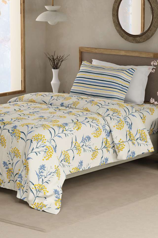Valatia-100--Cotton-200-TC-Single-Bedsheet-with-1-Pillow-Cover---Yellow-&-Blue-Floral