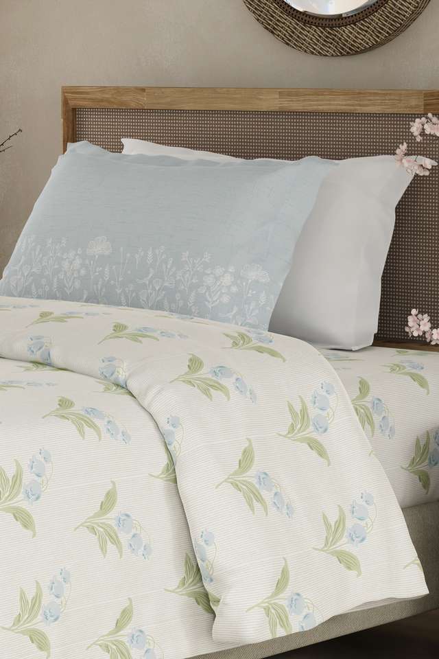 Valatia-100--Cotton-200-TC-Single-Bedsheet-with-1-Pillow-Cover---Green-&-Blue-Floral