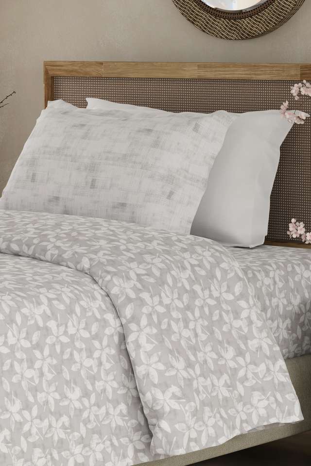 Valatia-100--Cotton-200-TC-Single-Bedsheet-with-1-Pillow-Cover---Grey-&-White-Floral
