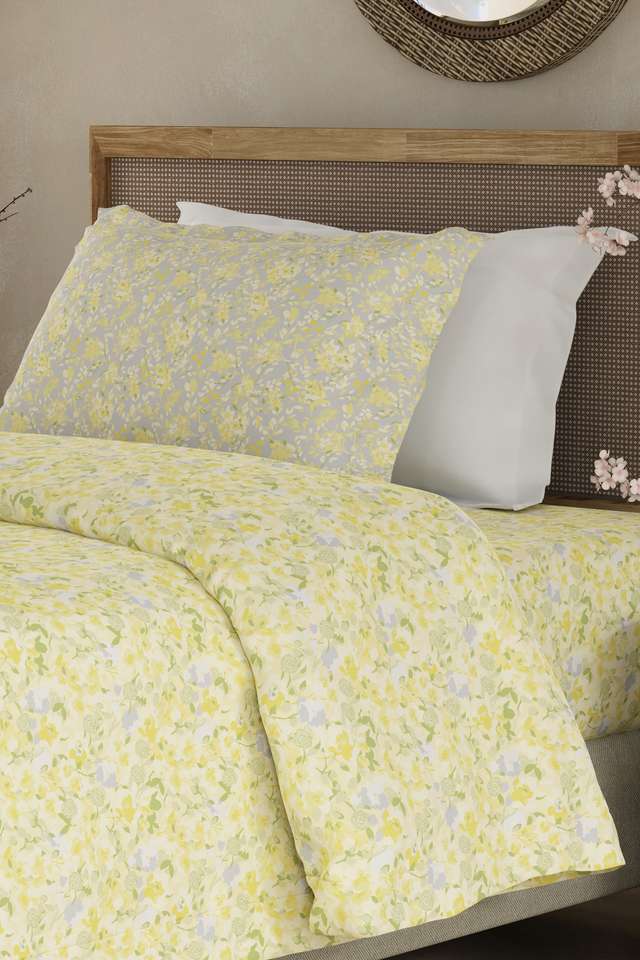 Valatia-100--Cotton-200-TC-Single-Bedsheet-with-1-Pillow-Cover---Yellow-Floral